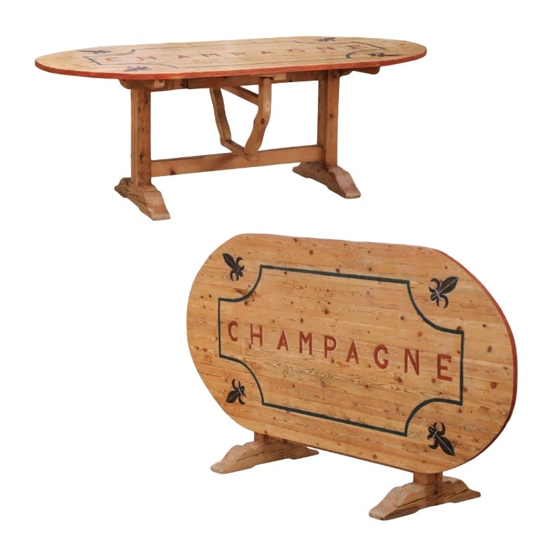 Hand-Painted Pine Wine Tasting Table With Champagne and Fleur-de-Lis Accents: Hand-Painted Pine Wine Tasting Table With Champagne and Fleur-de-Lis Accents This French pine folding wine tasting table was crafted in the late 20th century in the Poitou region of France using recla