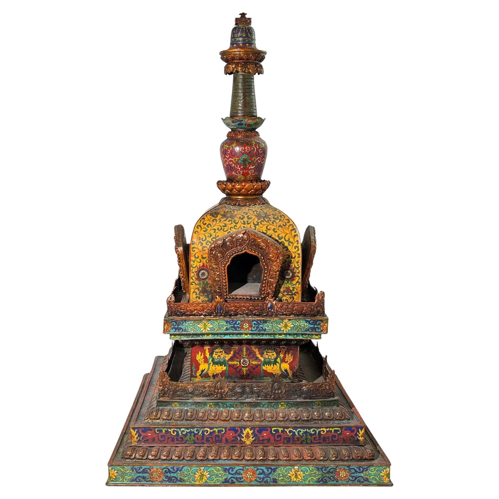 Qing Dynasty Cloisonne Bronze Buddhist Stupa 19th Century China: Qing Dynasty Cloisonne Bronze Buddhist Stupa 19th Century China This large antique Chinese Buddhist stupa from the 19th century is crafted from bronze and cloisonne enameled metal. It features decorat