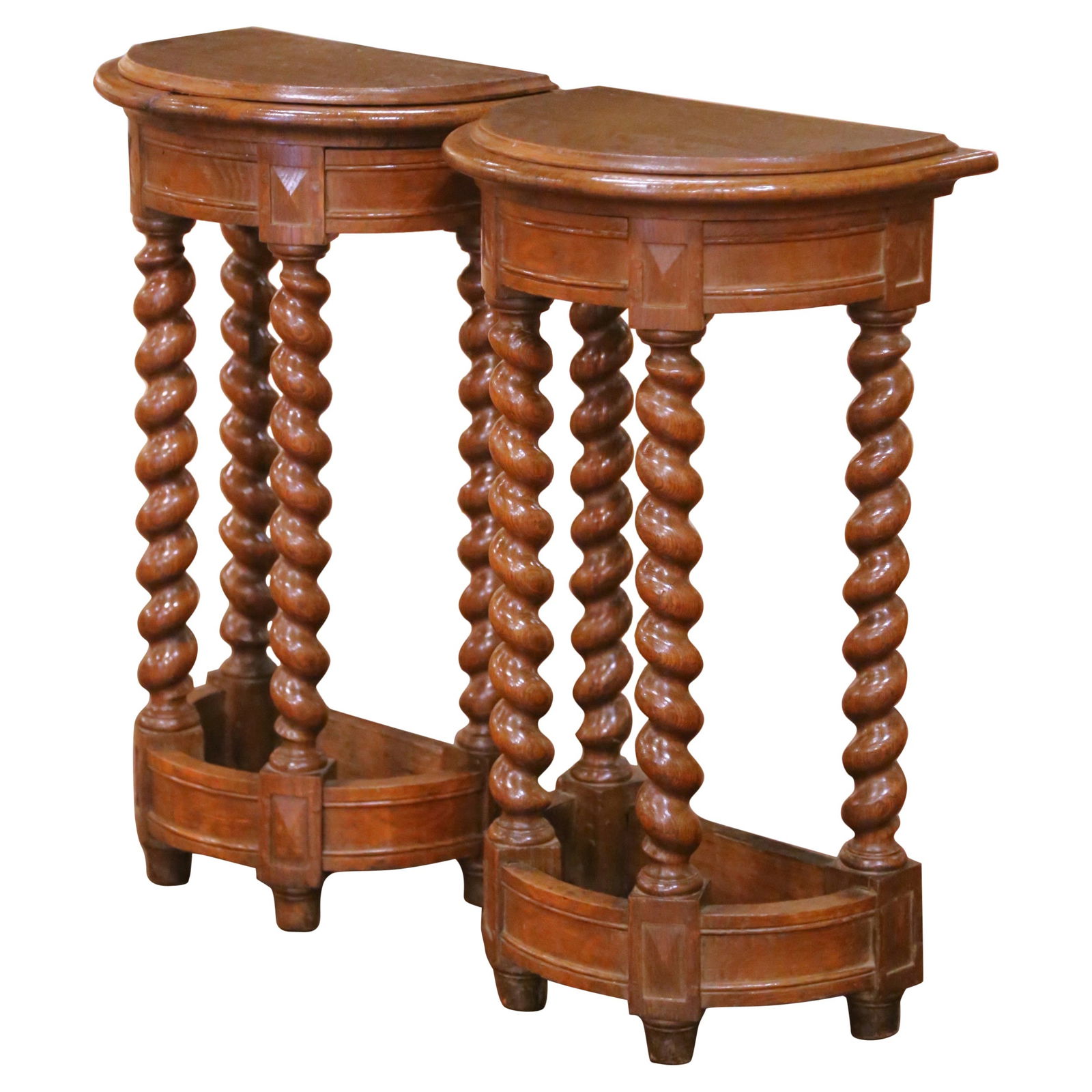 Set of Two Antique French Oak Demi-Lune Consoles in Louis XIII Style: Set of Two Antique French Oak Demi-Lune Consoles in Louis XIII Style This pair of late 19th-century French console tables exemplifies the Louis XIII style. Crafted circa 1880 from oak, each demi-lune