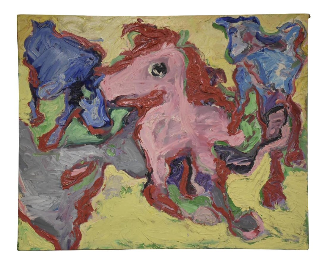 Original Peter Diem Impressionist Painting Pony Among Bulls 40 x 33: Original Peter Diem Impressionist Painting Pony Among Bulls 40 x 33 Discover a captivating original impressionist painting by Dutch artist Peter Diem, hand-painted in the early 1990s. This unique artw