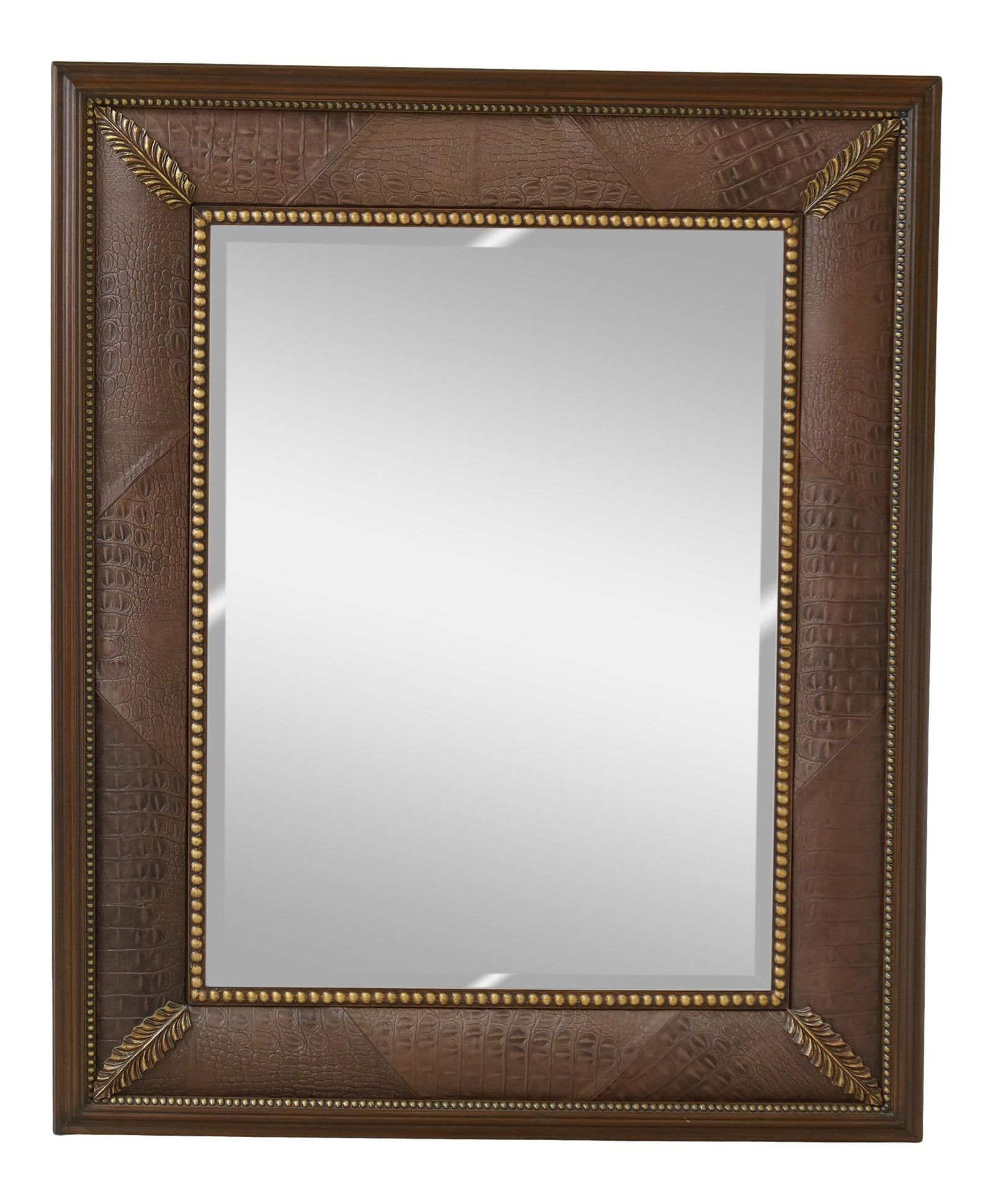 Windsor Art Brown Textured Leather Beveled Mirror 46 x 56: Windsor Art Brown Textured Leather Beveled Mirror 46 x 56 This impressive beveled mirror features a large textured leather frame, offering a stylish and sophisticated accent to any room. Crafted appro