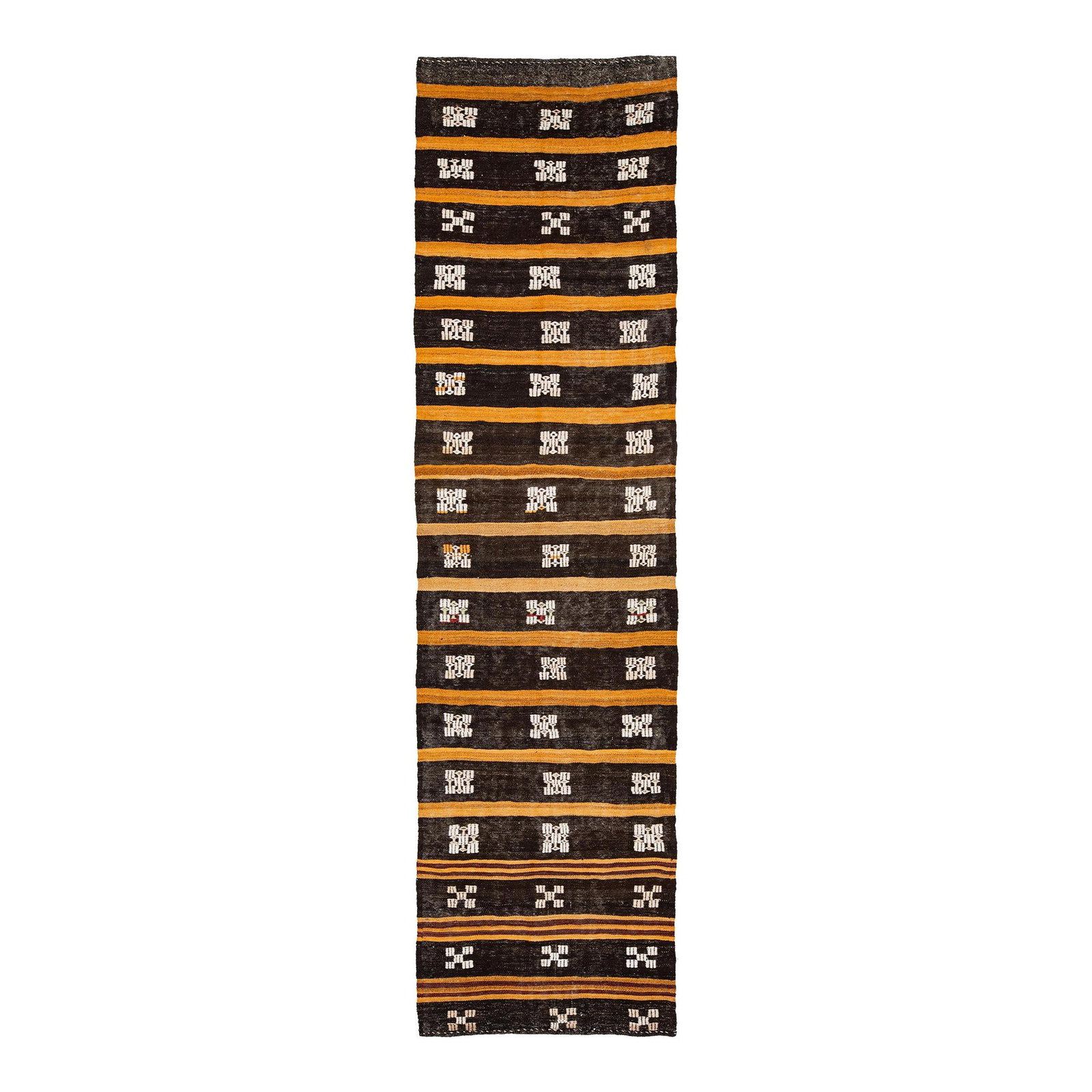 Brown and Orange Vintage Handmade Wool Kilim Rug 3'6 x 13'1: Brown and Orange Vintage Handmade Wool Kilim Rug 3'6 x 13'1 This exquisite handmade wool kilim rug showcases a stunning brown color field accented with vibrant orange stripes. The design features an a