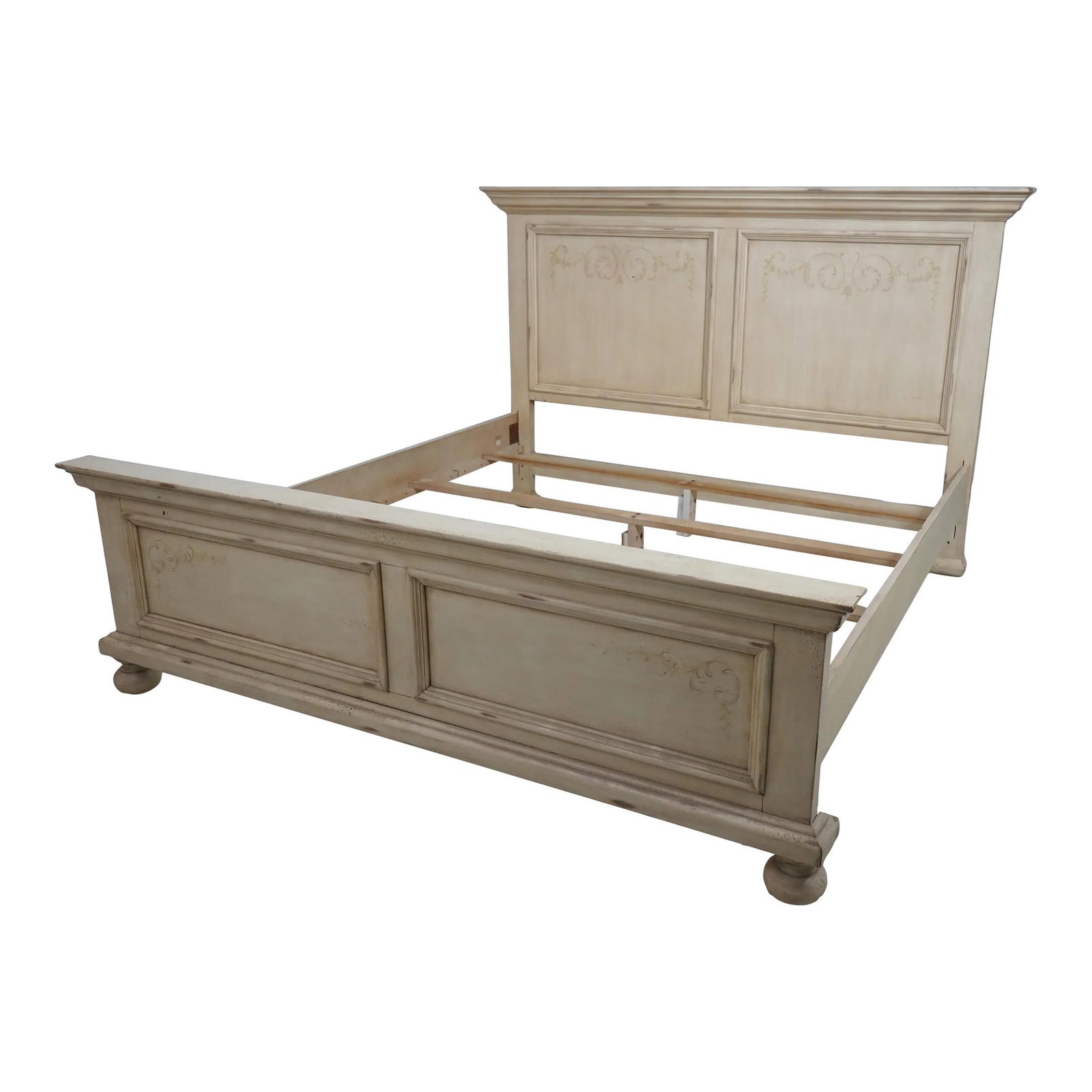 Antique King Size Venetian Bed Off-White Painted Finish: Antique King Size Venetian Bed Off-White Painted Finish This elegant King Size Venetian bed showcases a beautifully distressed off-white painted finish, enhancing its vintage charm. Crafted with quali