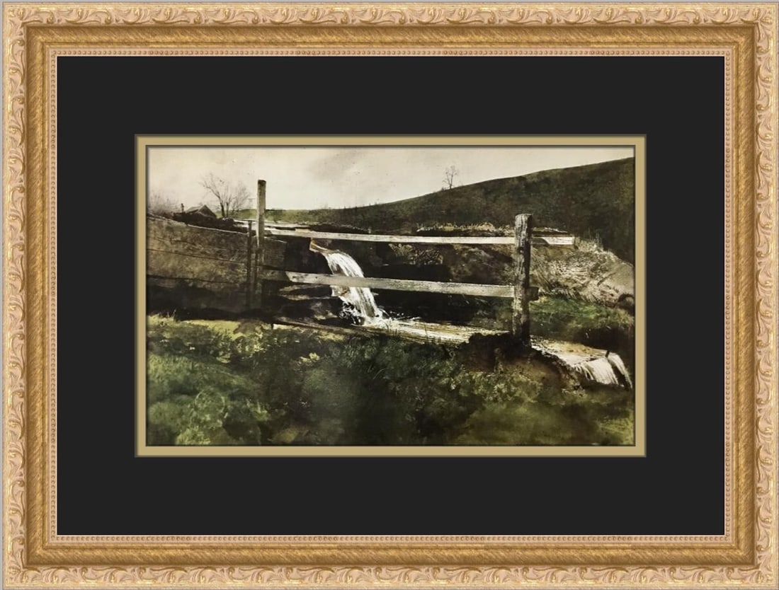 Andrew Wyeth Spillway Custom Framed Art Print 1976 Expressionism: Andrew Wyeth Spillway Custom Framed Art Print 1976 Expressionism This exquisite custom framed print titled "Spillway" by renowned artist Andrew Wyeth captures the essence of expressionism and impressi