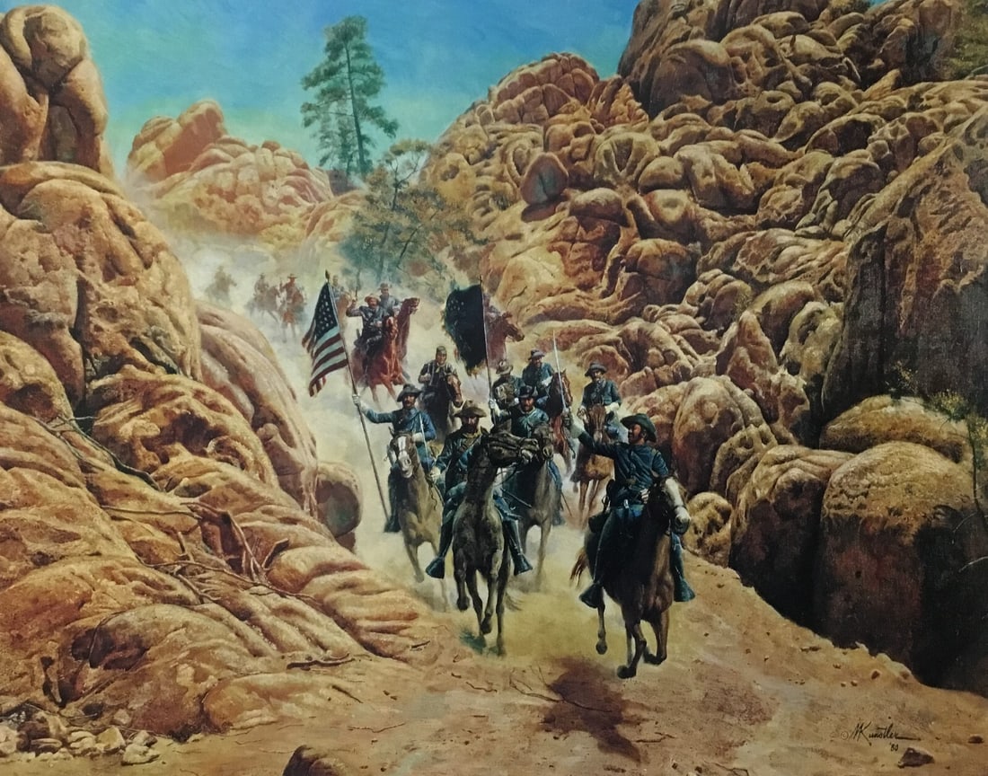 Mort Kunstler Coming Through The Pass Custom Framed Print 14 x 17 Multi-Color Art: Mort Kunstler Coming Through The Pass Custom Framed Print 14 x 17 Multi-Color Art This stunning custom framed print titled "Coming Through The Pass" by renowned artist Mort Kunstler captures the essen