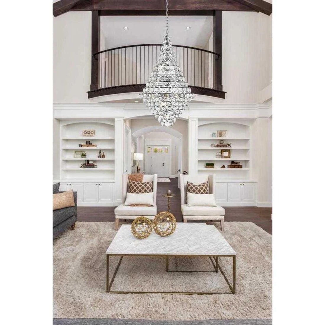 Adaline 38-Light Modern Chrome and Crystal Chandelier 60in Adjustable Foyer Fixture: Adaline 38-Light Modern Chrome and Crystal Chandelier 60in Adjustable Foyer Fixture This large modern chandelier features a chrome finish and royal cut crystals, offering a striking and elegant lighti