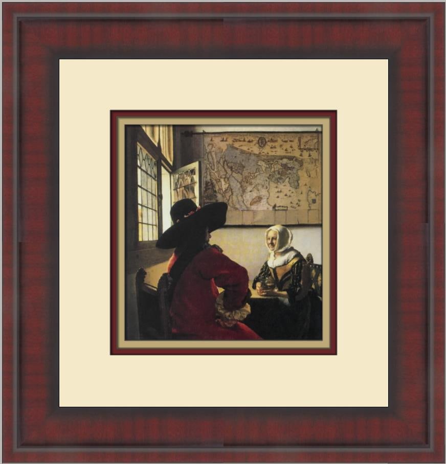Johannes Vermeer Officer and Girl Laughing Custom Framed Art Print: Johannes Vermeer Officer and Girl Laughing Custom Framed Art Print This custom framed print features Johannes Vermeer's renowned artwork "Officer and Girl Laughing". The piece is presented in a 1" che