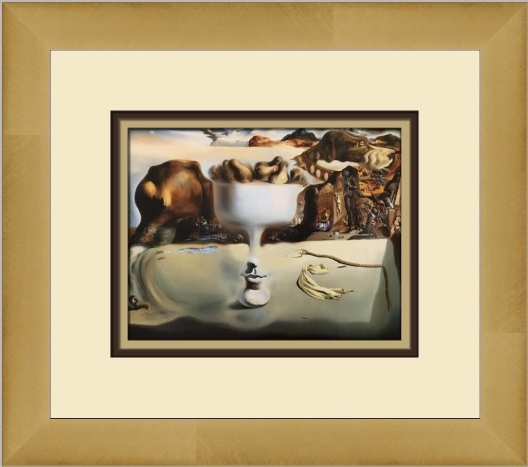 Salvador Dali Apparetion of Face and Fruit Dish Framed Print: Salvador Dali Apparetion of Face and Fruit Dish Framed Print This stunning custom framed print titled "Apparetion of Face and Fruit Dish on a Beach" by Salvador Dali captures the essence of Surrealism