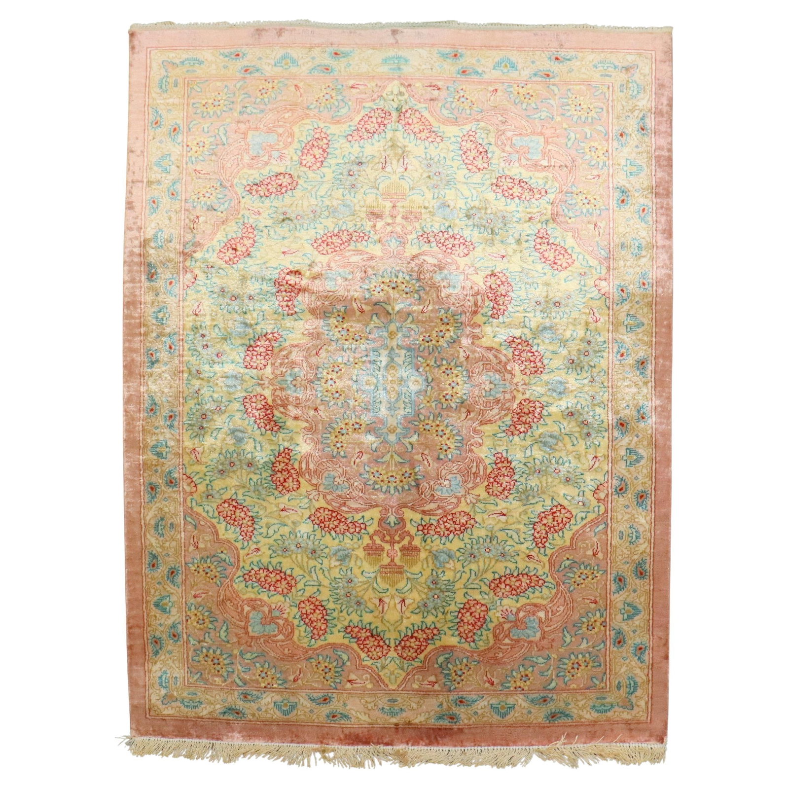 Zabihi Collection Hand-Woven Botanical Silk Persian Mini Rug 24 x 31 Iran: Zabihi Collection Hand-Woven Botanical Silk Persian Mini Rug 24 x 31 Iran Discover the exquisite beauty of this Zabihi Collection Botanical Silk Persian Qum Mini Rug, an exceptional piece that showcas