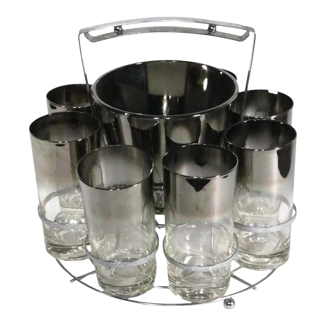 Vintage 10 Pc Queens Lusterware Silver Fade Drink Set Caddy: Vintage 10 Pc Queens Lusterware Silver Fade Drink Set Caddy Elevate your entertaining with this exquisite 10-piece vintage Queens Lusterware Vitreon mid-century drink set. This stylish collection feat