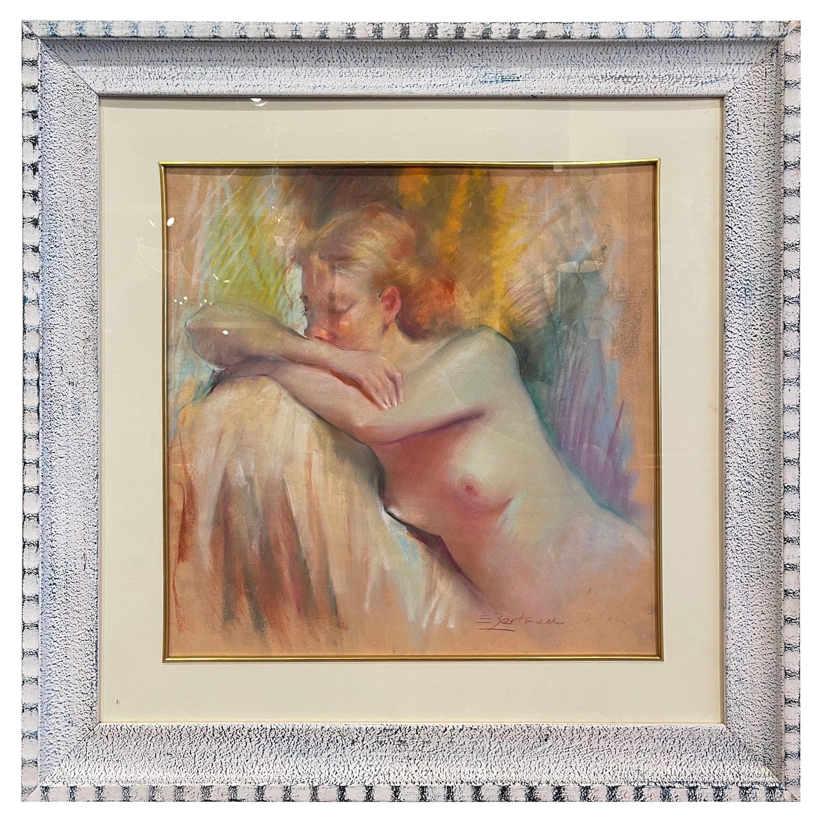 French Mid-Century Pastel Reclining Nude by E. Berteau in Carved Frame: French Mid-Century Pastel Reclining Nude by E. Berteau in Carved Frame This mid-century French pastel nude study by E. Berteau features a serene depiction of a reclining female rendered in soft, blend