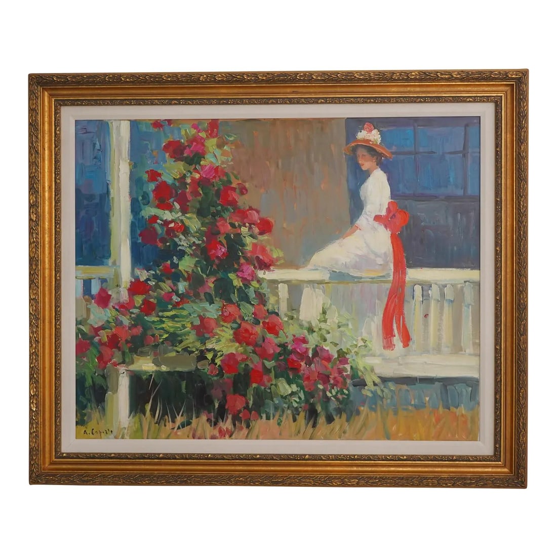 Impressionist Artist Signed Vibrant Lady in Garden Oil Painting: Impressionist Artist Signed Vibrant Lady in Garden Oil Painting This stunning oil painting captures a vibrant scene of a lady in a garden, showcasing the artist's signature impressionist style. The ar