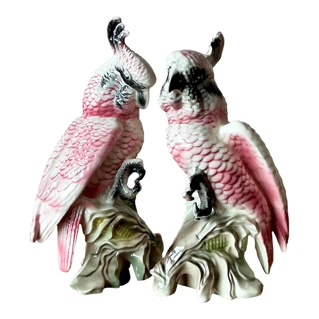 Pair of Hand Glazed Vintage Ceramic Cockatoo Figurines with Pink and Green Accents: Pair of Hand Glazed Vintage Ceramic Cockatoo Figurines with Pink and Green Accents This pair of vintage glazed ceramic cockatoo figurines showcases exquisite craftsmanship and vibrant hand-painted