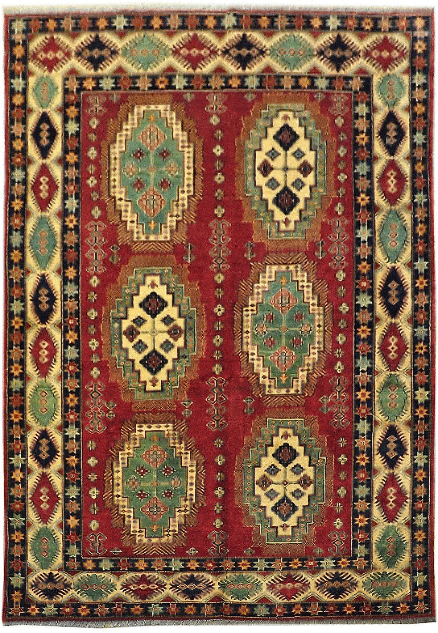 Handmade Kazak Wool Rug 6.9 x 9.4 ft Bold Geometric Design: Handmade Kazak Wool Rug 6.9 x 9.4 ft Bold Geometric Design Free continental US Shipping This 6.9 x 9.4-foot Kazak rug is handmade from 100% premium wool, showcasing vibrant geometric medallions and st