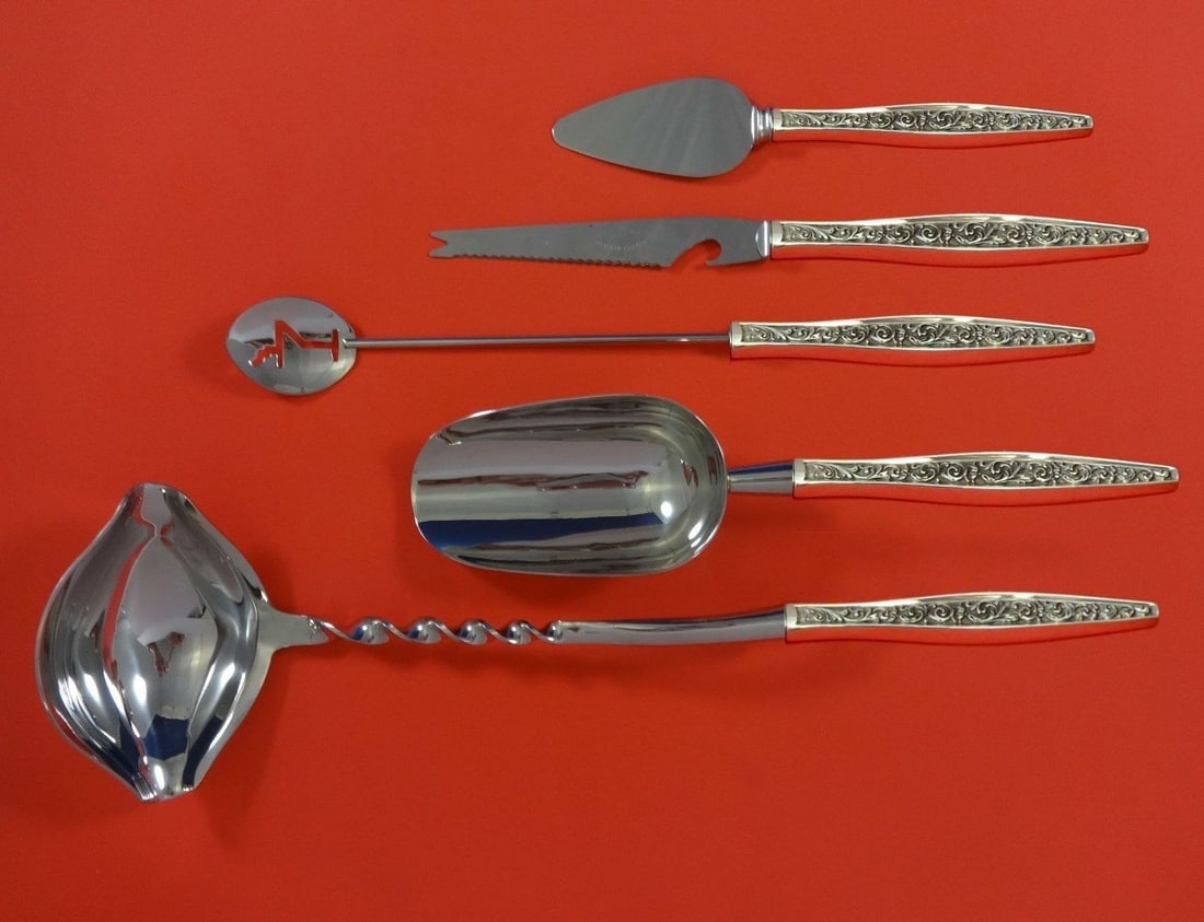 Reed & Barton Renaissance Scroll Sterling Silver 5pc Cocktail Bar Set: Reed & Barton Renaissance Scroll Sterling Silver 5pc Cocktail Bar Set Elevate your cocktail gatherings with this exquisite 5-piece cocktail bar serving set by Reed & Barton. Crafted from fine sterling