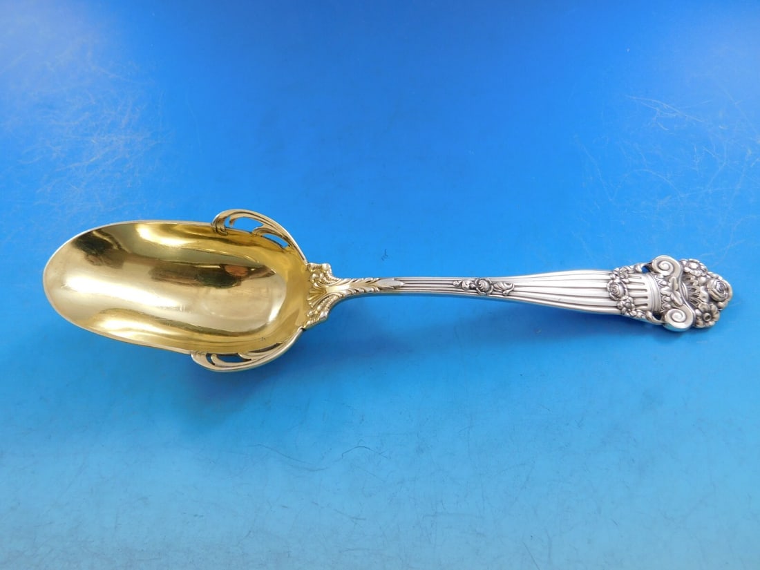 Towle Georgian Sterling Silver Cheese Scoop 7 3/8 Inches Gold Washed Monogrammed: Towle Georgian Sterling Silver Cheese Scoop 7 3/8 Inches Gold Washed Monogrammed This sterling silver cheese scoop by Towle features an elegant Georgian pattern and measures 7 3/8 inches in length. Cr