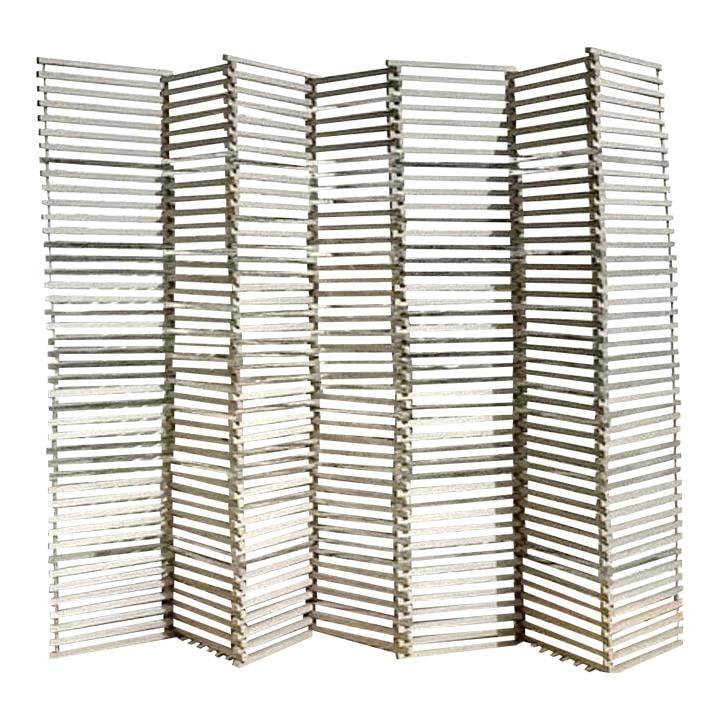 Vintage Boho Wood and Chrome Folding Screen 70x68.5: Vintage Boho Wood and Chrome Folding Screen 70x68.5 Transform your space with this Vintage Boho Stacked Wood and Chrome Folding Screen, a striking architectural statement piece. This room divider feat