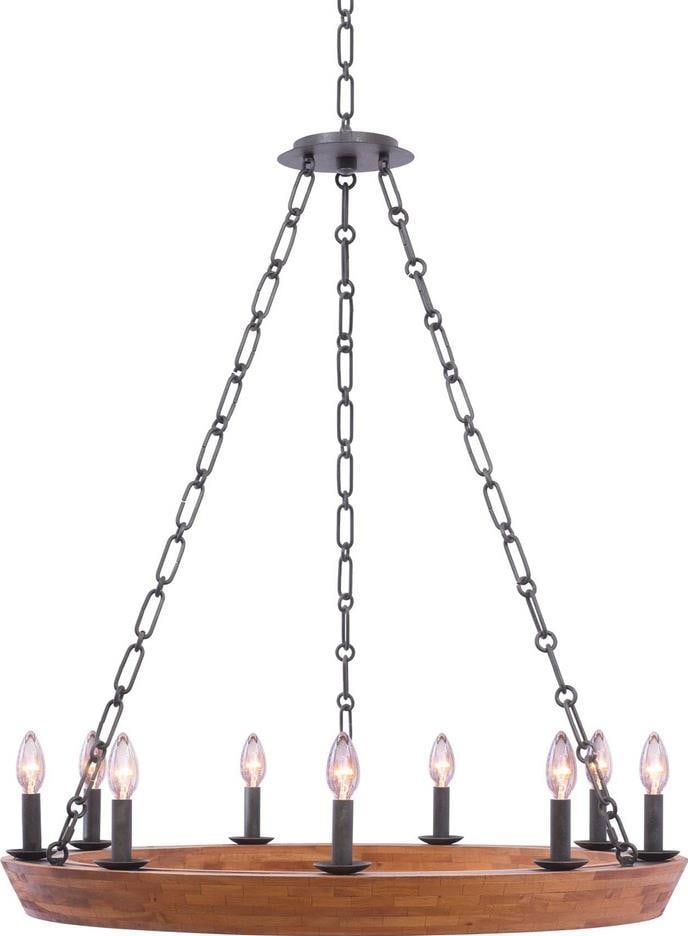 Kalco Lansdale Urban Farmhouse 9-Light Chandelier Black Iron Finish: Kalco Lansdale Urban Farmhouse 9-Light Chandelier Black Iron Finish Elevate your space with this stunning Urban Farmhouse chandelier, a perfect blend of rustic charm and modern design. Crafted from wo