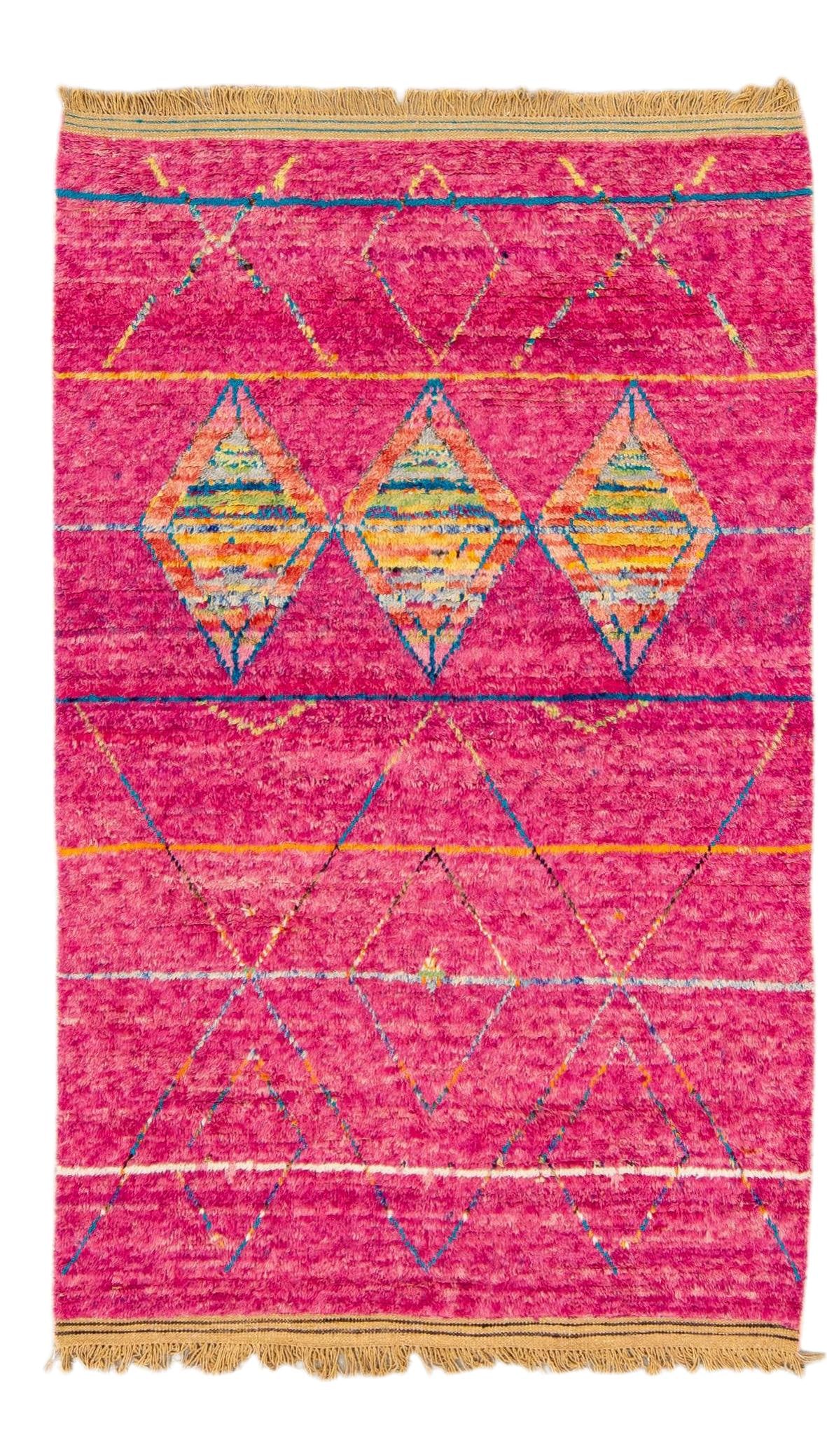 Pink Handmade Wool Boho Tribal Pattern Moroccan Rug 6' x 9'4: Pink Handmade Wool Boho Tribal Pattern Moroccan Rug 6' x 9'4 Enhance your living space with this stunning Modern Moroccan Style Pink Handmade Wool Rug. Featuring a vibrant pink field adorned with mult