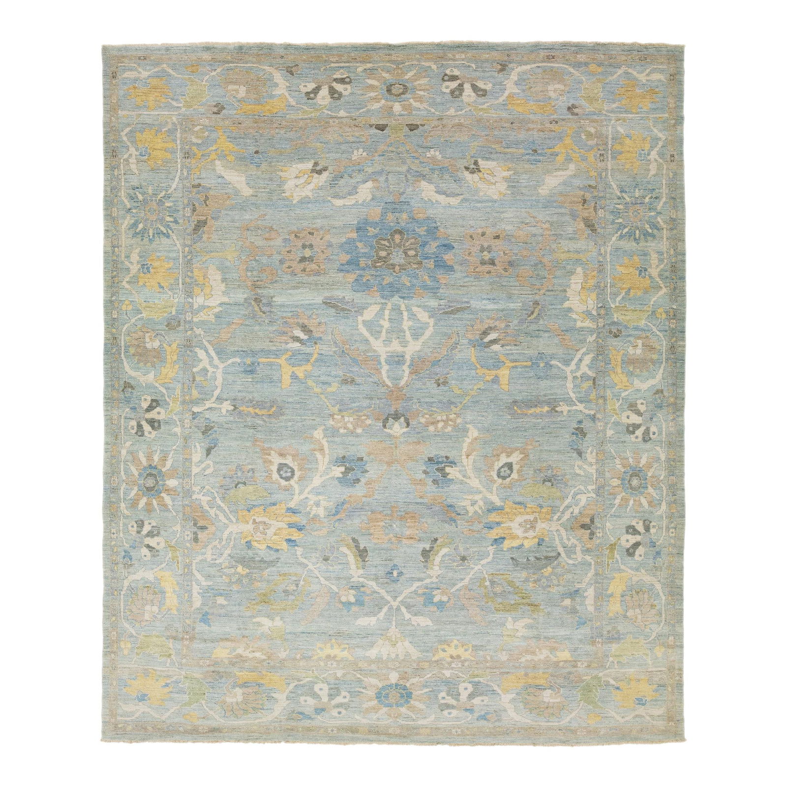 Handmade Light Blue Wool Rug 12'4 x 14'10 Contemporary Sultanabad Design: Handmade Light Blue Wool Rug 12'4 x 14'10 Contemporary Sultanabad Design This exquisite hand-knotted wool rug features a serene light blue background beautifully complemented by intricate all-over des