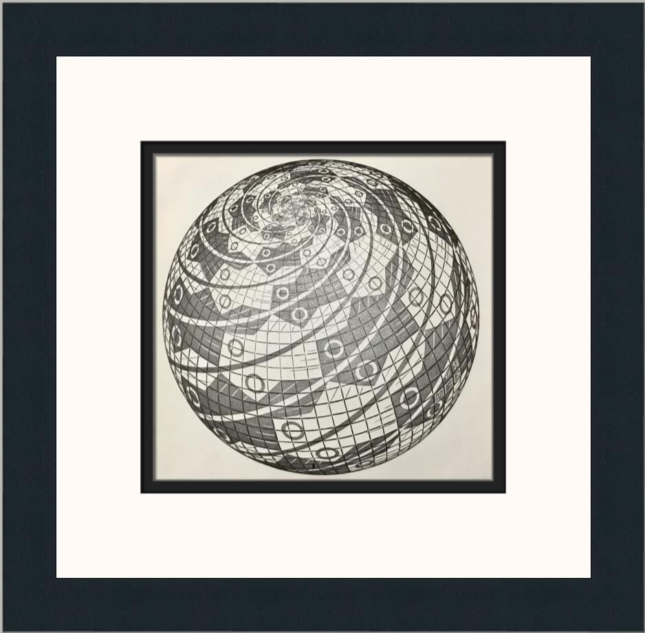 MC Escher Sphere Surface with Fishes Custom Framed Art Print: MC Escher Sphere Surface with Fishes Custom Framed Art Print This stunning custom framed print titled 'Sphere Surface with Fishes' by renowned artist MC Escher showcases a captivating abstract design