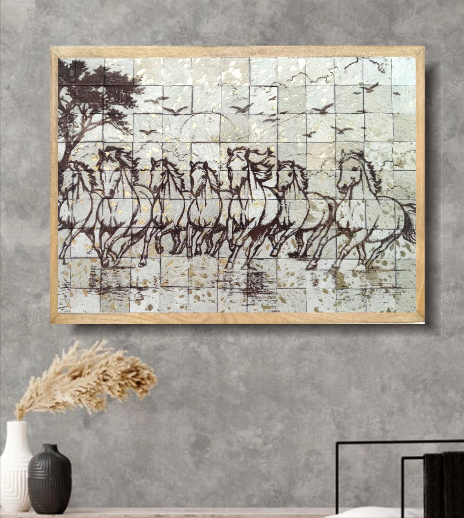 Handcrafted Cowhide Mosaic Wall Art with Seven Galloping Horses and Gold Leaf Accents: Handcrafted Cowhide Mosaic Wall Art with Seven Galloping Horses and Gold Leaf Accents Free continental US Shipping This handcrafted wall art features a mosaic design of seven galloping horses, symboli