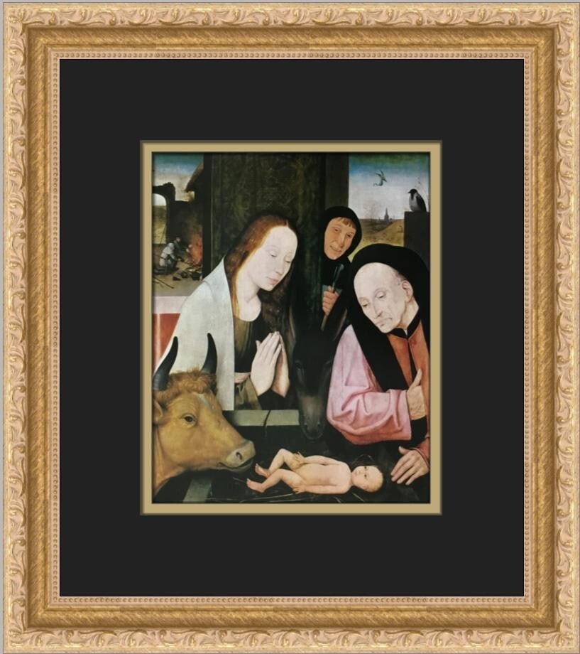 Hieronymus Bosch Adoration of the Shepherds Custom Framed Print 13 x 12: Hieronymus Bosch Adoration of the Shepherds Custom Framed Print 13 x 12 This exquisite custom framed print features Hieronymus Bosch's renowned work, 'The Adoration of the Shepherds.' Measuring 13 in.