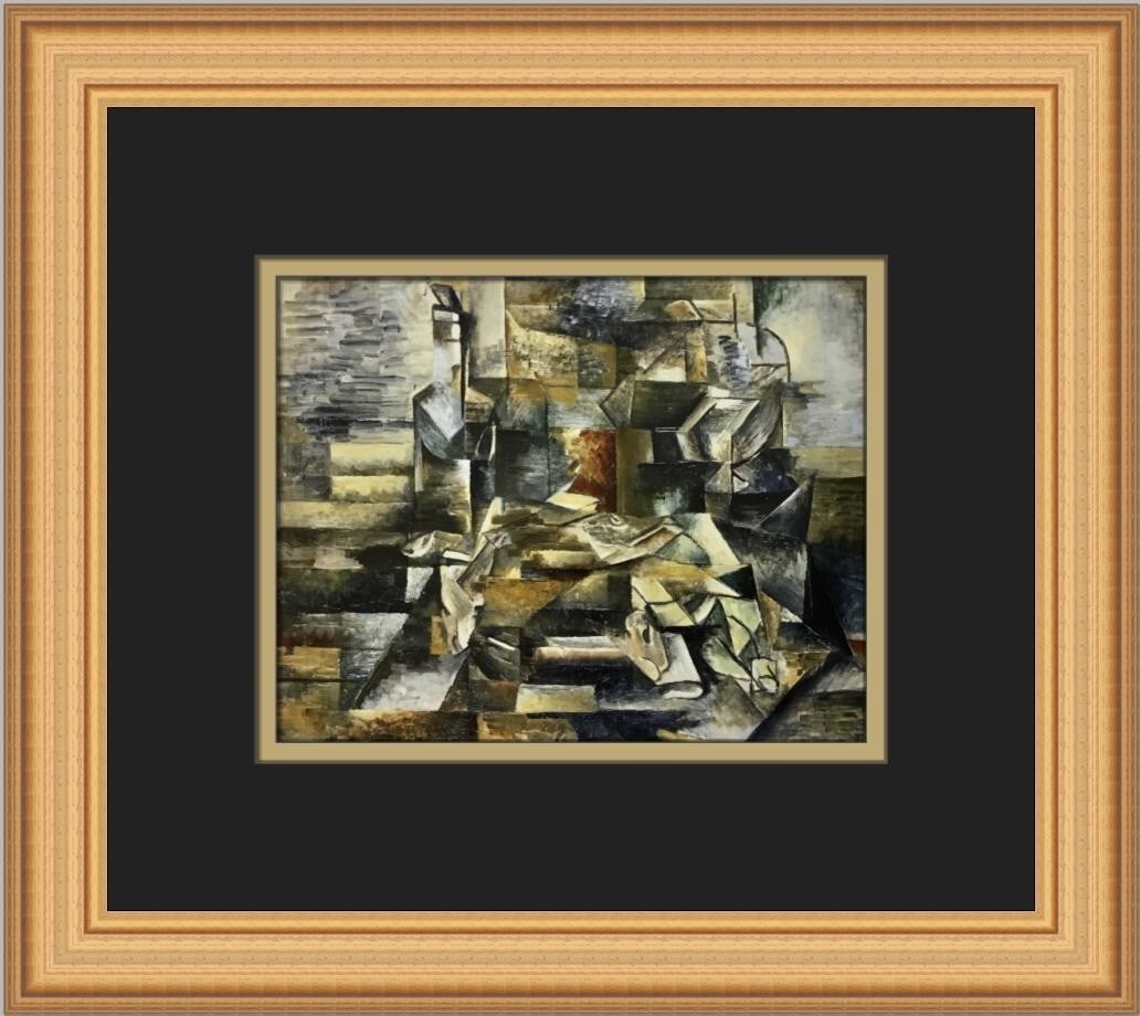 Georges Braque Bottle and Fishes Custom Framed Cubism Print 11 x 13: Georges Braque Bottle and Fishes Custom Framed Cubism Print 11 x 13 Enhance your art collection with this striking custom framed print titled "Bottle and Fishes" by renowned artist Georges Braque. Thi