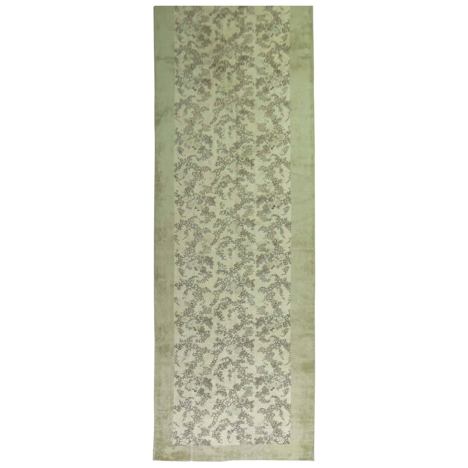 Rare Vintage Turkish Floral Corridor Rug Wool 1930s 74x303 in: Rare Vintage Turkish Floral Corridor Rug Wool 1930s 74x303 in This vintage Turkish corridor rug is a stunning example of 20th-century craftsmanship, featuring a romantic floral design in soft green an