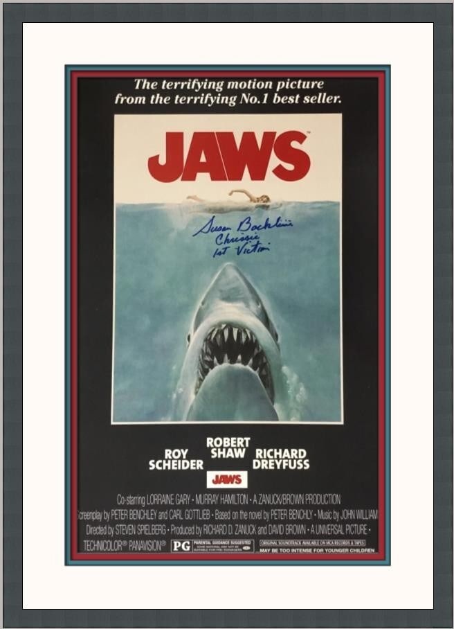 Susan Backlinie Autographed Jaws Photo Custom Framed 23x17: Susan Backlinie Autographed Jaws Photo Custom Framed 23x17 This stunning custom framed photograph features Susan Backlinie, known for her role as the first victim in the classic movie 'Jaws.' The phot