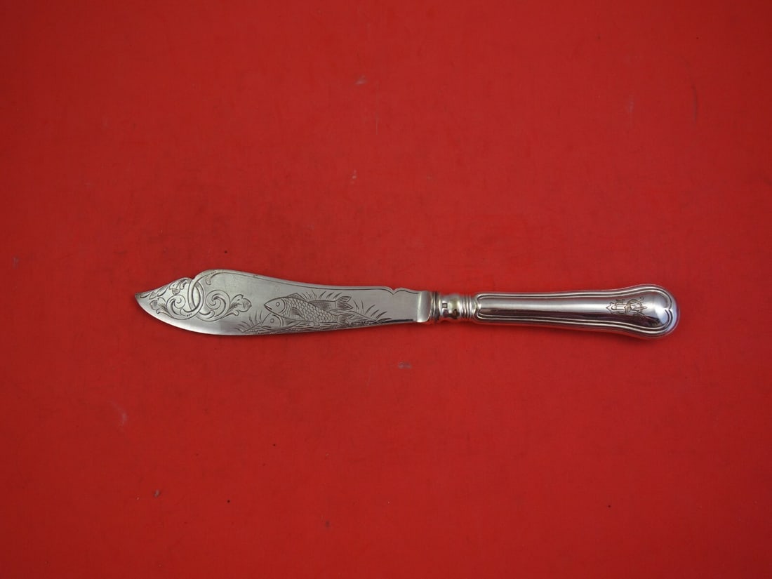 Bruckmann & Sohne Thread Silverplate Fish Knife Engraved 8.5 Inch: Bruckmann & Sohne Thread Silverplate Fish Knife Engraved 8.5 Inch This exquisite fish knife from Bruckmann & Sohne features a silverplate composition and showcases a beautifully engraved fish design a