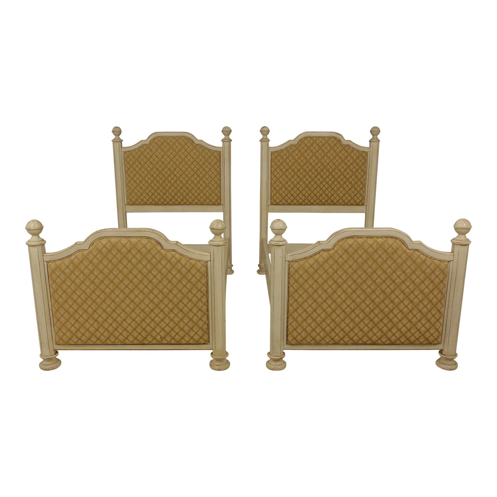 Charming Pair of Twin Size Upholstered Beds with Gold Print: Charming Pair of Twin Size Upholstered Beds with Gold Print This charming pair of twin size upholstered beds features a lovely distressed off-white painted finish complemented by elegant gold print up