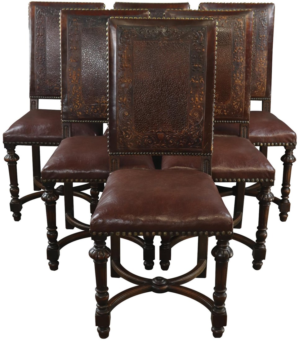 Set of 6 Antique Renaissance Dining Chairs in Leather - French Style: Set of 6 Antique Renaissance Dining Chairs in Leather - French Style This elegant set of 6 antique dining chairs showcases the refined French style, perfect for adding a touch of sophistication to you