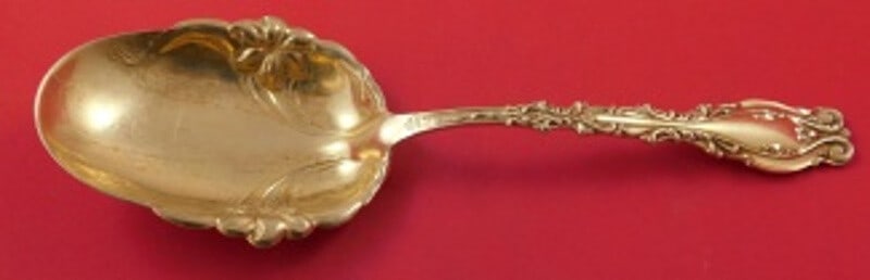 Frank Whiting Josephine Sterling Silver Salad Spoon Vermeil with Lilies 8 7/8": Frank Whiting Josephine Sterling Silver Salad Spoon Vermeil with Lilies 8 7/8" This exquisite salad serving spoon is crafted from sterling silver and features a luxurious vermeil finish, meaning it is