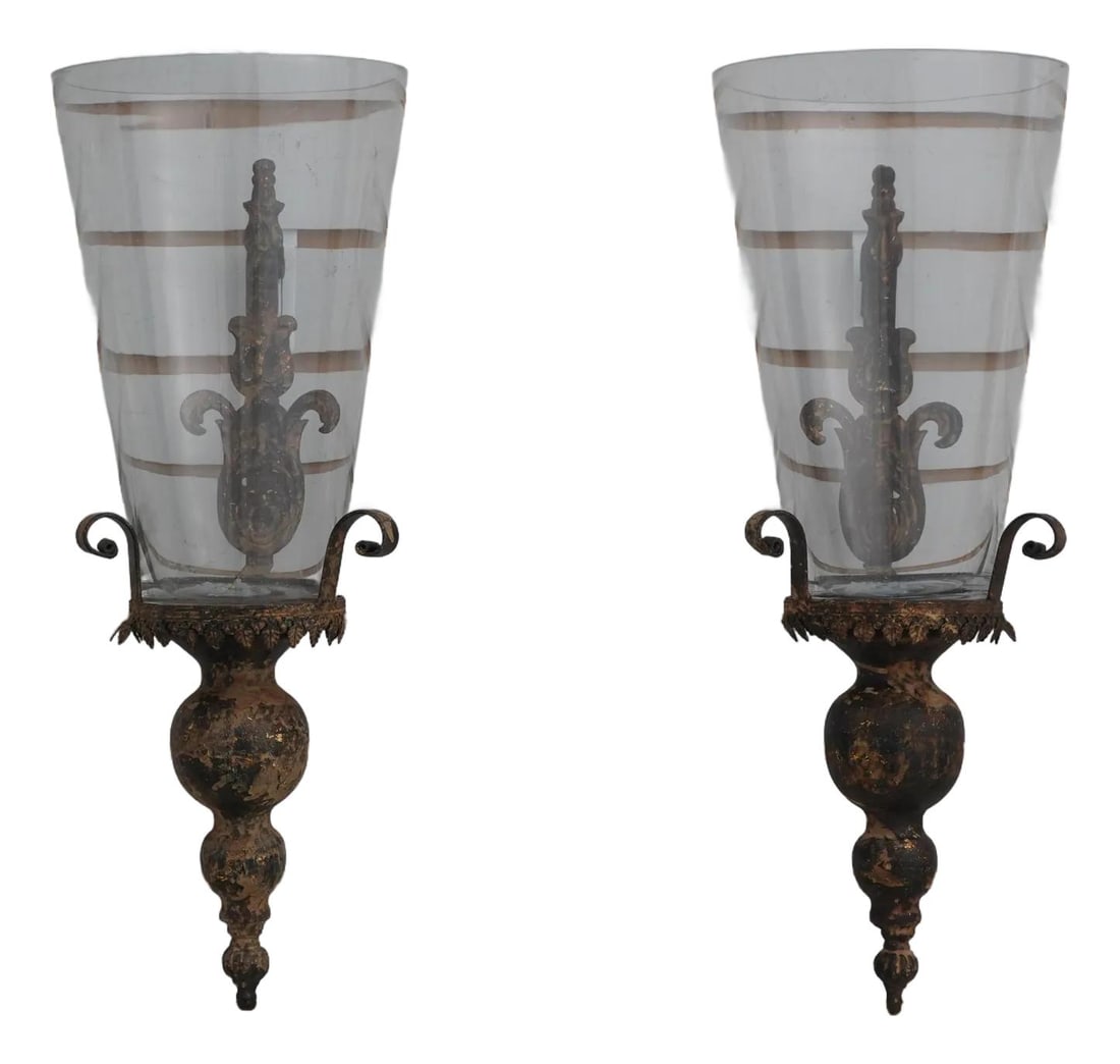 Elegant Pair of Gold Toleware Candle Wall Sconces with Glass Globes (1 of 9)