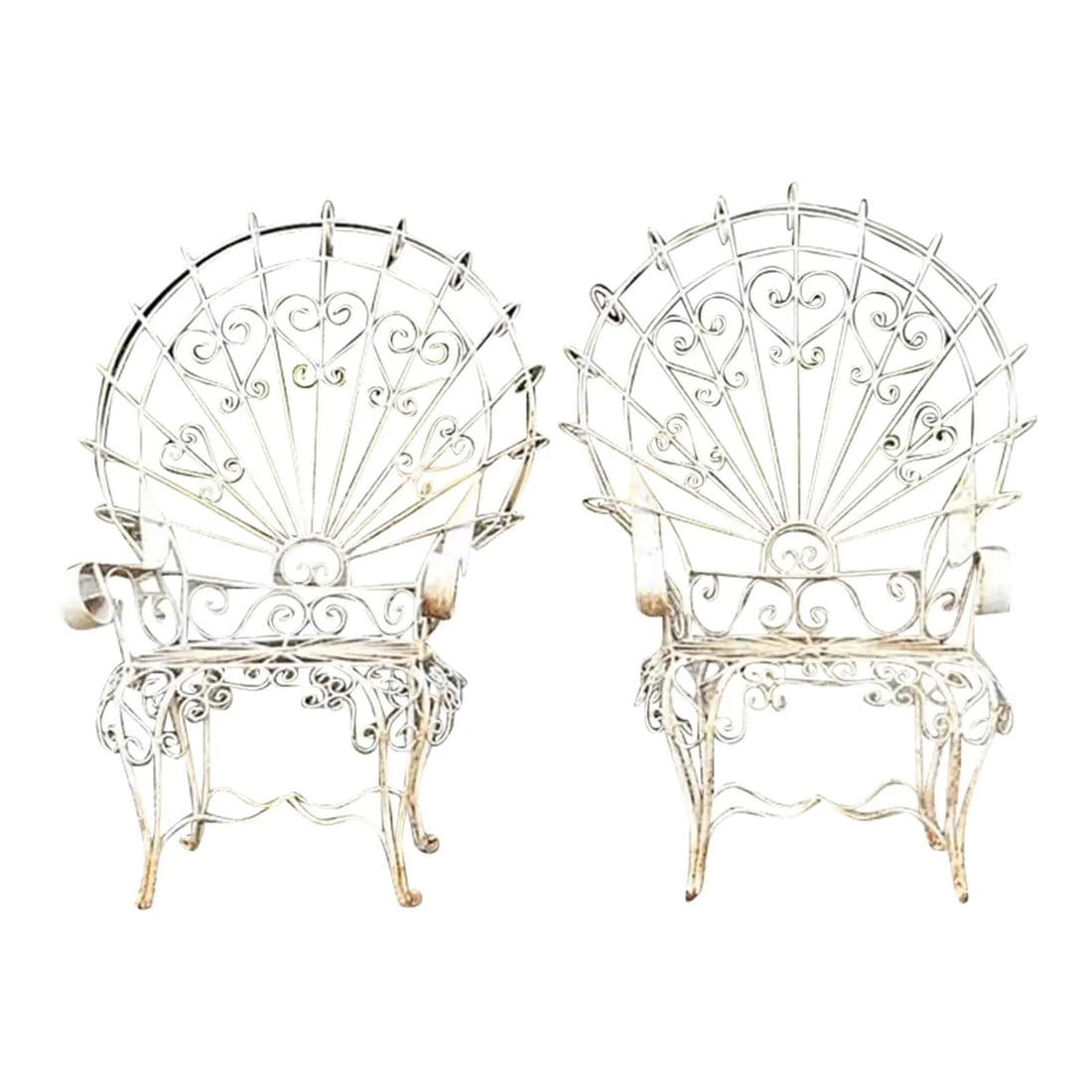Vintage Boho Wrought Iron Peacock Chairs Set of 2 White Salterini Inspired: Vintage Boho Wrought Iron Peacock Chairs Set of 2 White Salterini Inspired Add a touch of retro glamour to your space with this charming set of vintage Boho wrought iron peacock chairs, inspired by th