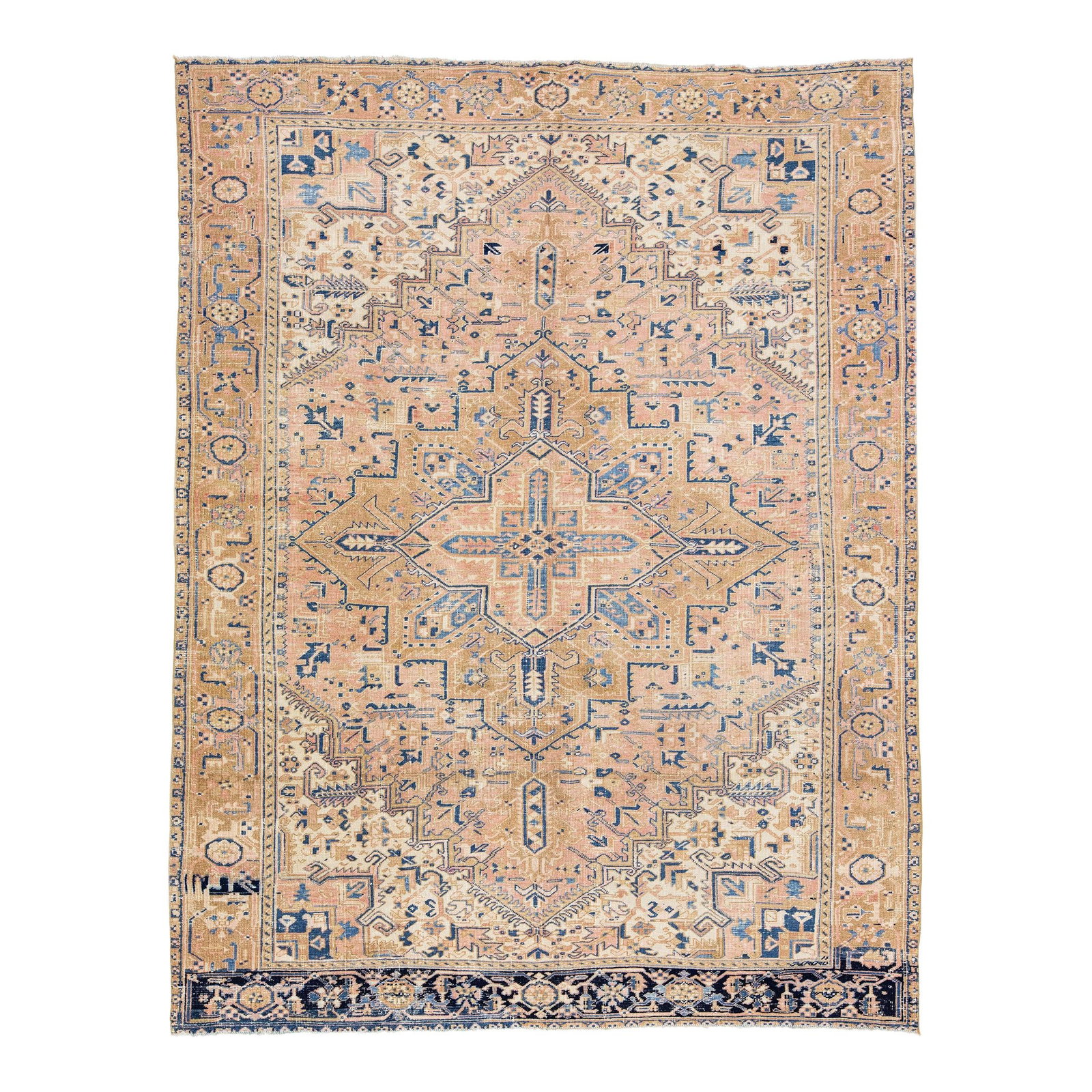 1920s Handmade Antique Heriz Wool Rug Peach Medallion Design 7.11 x 10.4: 1920s Handmade Antique Heriz Wool Rug Peach Medallion Design 7.11 x 10.4 Discover the timeless elegance of this stunning 1920s Handmade Antique Heriz Rug. Featuring an intricate all-over geometric med