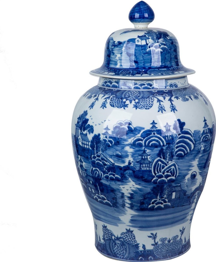 Extra Large Hand-Crafted Blue White Ceramic Pagoda Jar (1 of 4)