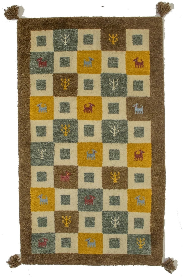Handmade Multicolored Indo-Gabbeh Tribal Wool Rug 2x4 ft: Handmade Multicolored Indo-Gabbeh Tribal Wool Rug 2x4 ft This exquisite Handmade Multicolored Indo-Gabbeh Oriental Rug showcases a vibrant blend of colors including brown, cream, gray, and gold, makin