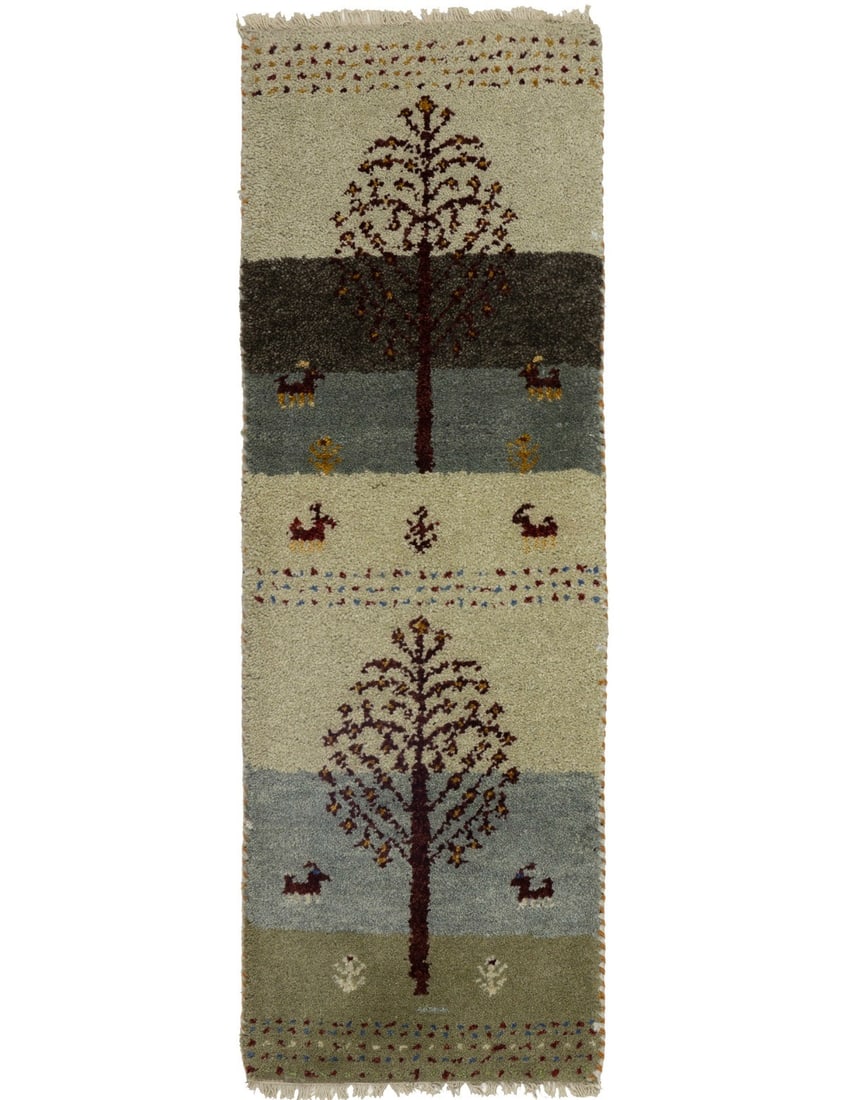 Hand-Knotted Wool Runner with Multicolor Tribal Stripes 1'4 x 3'10: Hand-Knotted Wool Runner with Multicolor Tribal Stripes 1'4 x 3'10 This pictorial tribal Indo-Gabbeh runner rug features multicolor stripes in cream, beige, gray, dark maroon, and other hues. Hand-kno