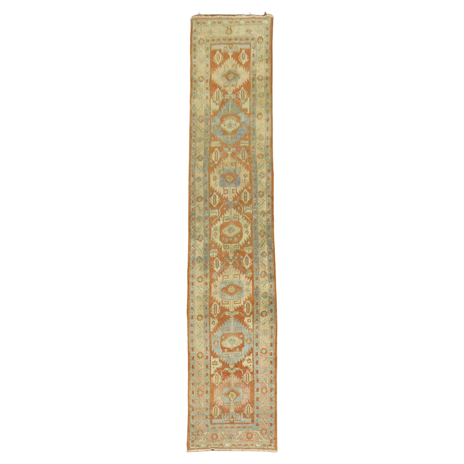 Antique 1930s Persian Heriz Geometric Wool Runner 34 x 185 in: Antique 1930s Persian Heriz Geometric Wool Runner 34 x 185 in This exquisite long Persian Heriz geometric runner showcases the rich tradition of Folk Art from Iran. Manufactured in the 1930s, this ant