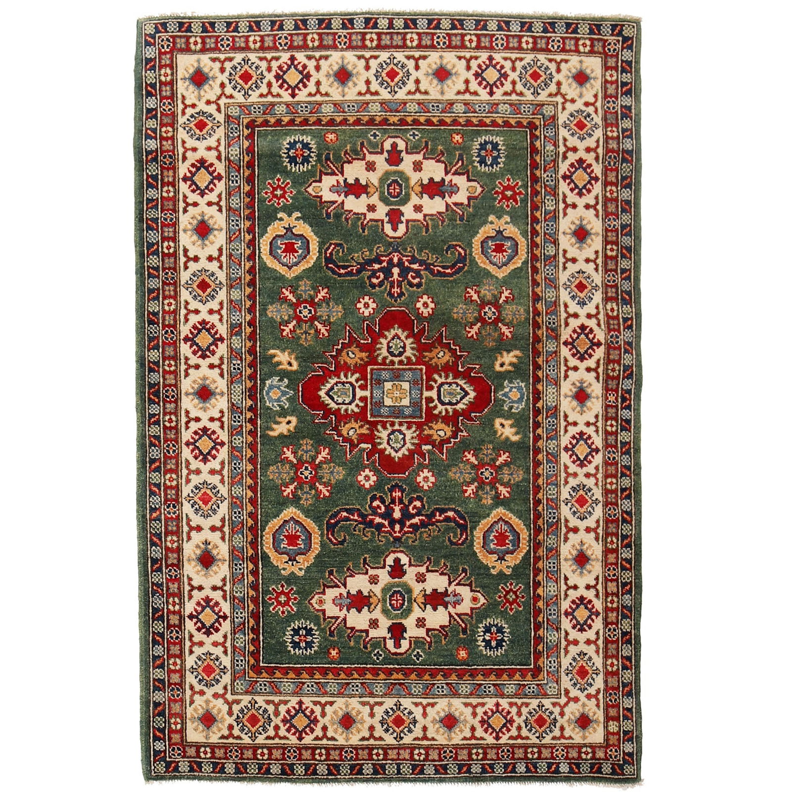 Handmade 3.12 x 5.10 Kazak Wool Rug in Sage Green: Handmade 3.12 x 5.10 Kazak Wool Rug in Sage Green Free continental US Shipping Transform your living space with this exquisite 3.12 x 5.10 Beautiful Green Handmade Kazak Wool Rug. Meticulously crafted