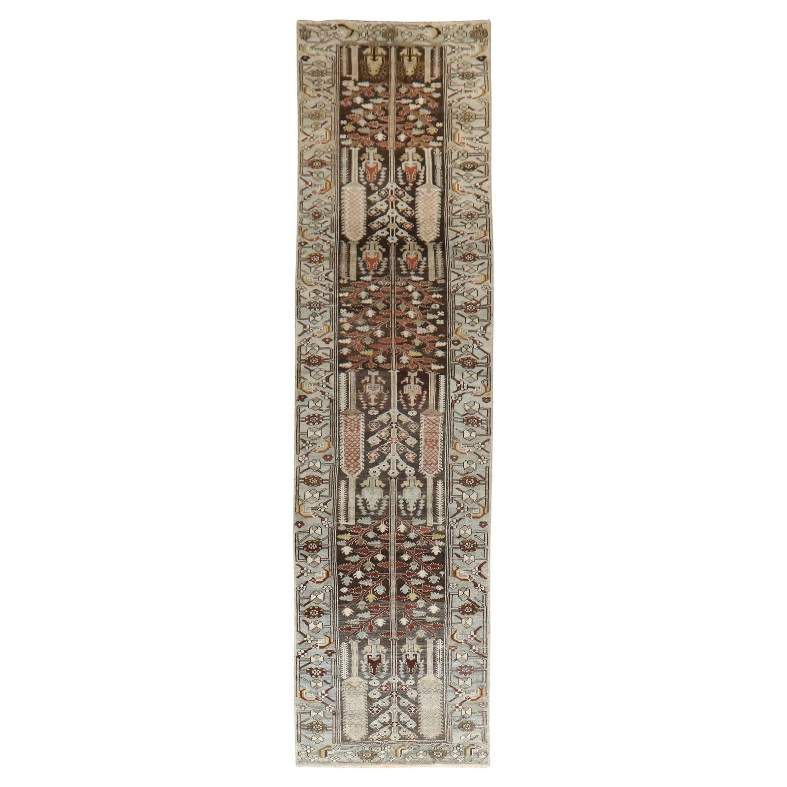 Early 20th Century Brown Kurdish Bakhtiari Wool Runner 39 x 163 in: Early 20th Century Brown Kurdish Bakhtiari Wool Runner 39 x 163 in Discover the exquisite craftsmanship of this early 20th Century Kurd Bakhtiari Runner, showcasing a beautiful tribal design in shades
