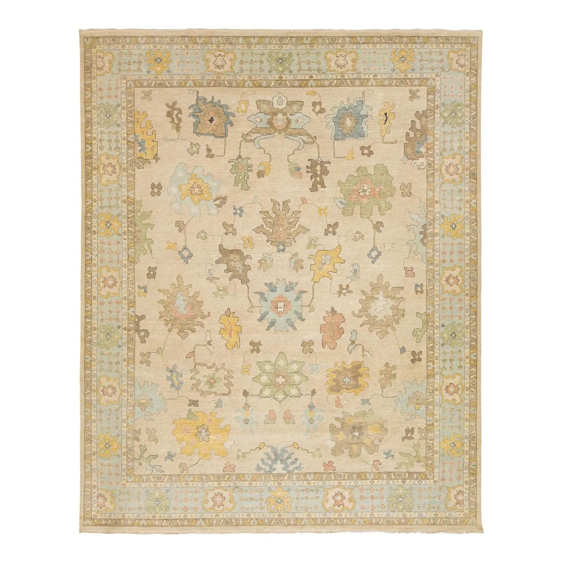 Handmade Beige Floral Oushak Style Wool Rug 12'1 x 15'1: Handmade Beige Floral Oushak Style Wool Rug 12'1 x 15'1 This exquisite handmade wool rug features a modern Oushak design, skillfully crafted to blend contemporary aesthetics with traditional charm. Th