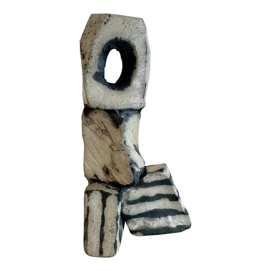 Original Ceramic Abstract Boho Sculpture with Hand-Painted Details: Original Ceramic Abstract Boho Sculpture with Hand-Painted Details This vintage boho ceramic sculpture features a harmonious blend of organic shapes and bold geometric lines, showcasing modern abstrac