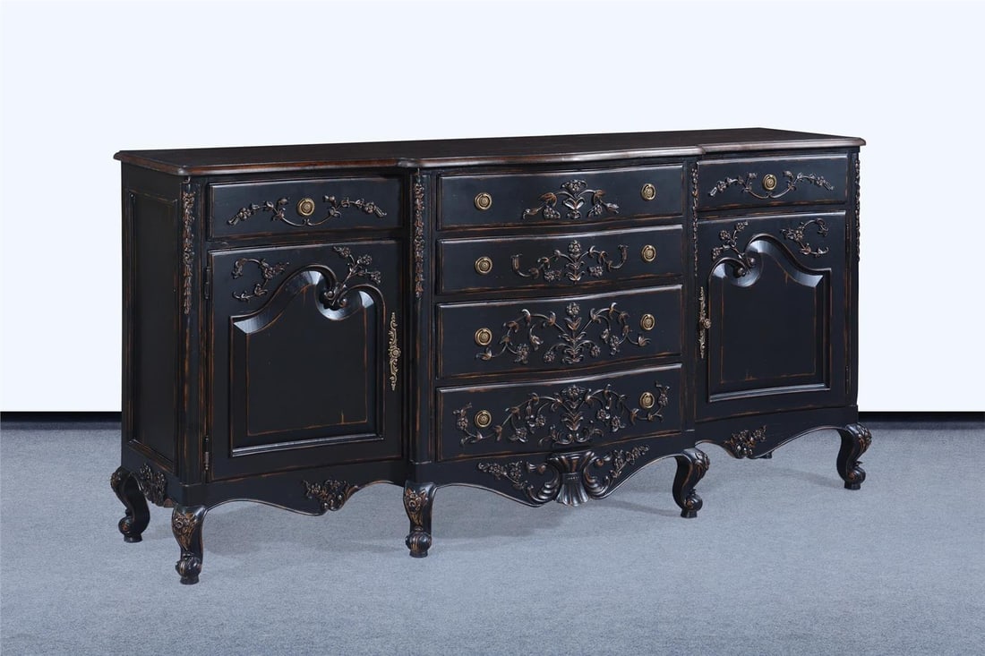 French Country Solid Wood Sideboard with Blackwashed Finish: French Country Solid Wood Sideboard with Blackwashed Finish Discover the charm of this Elegant Blackwashed French Country Sideboard, a stunning addition to any dining space. Crafted from solid wood, t