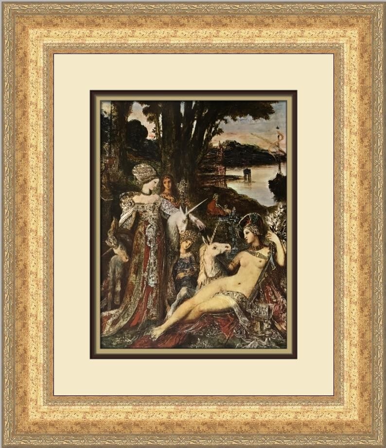 Gustave Moreau The Unicorns Framed Art Print 19 x 17: Gustave Moreau The Unicorns Framed Art Print 19 x 17 This exquisite custom framed print titled 'The Unicorns' by Gustave Moreau showcases the artist's unique blend of Expressionism, Impressionism, and