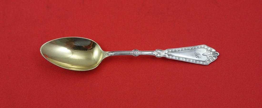 Whiting Rosette Sterling Silver Coffee Spoon Gold Washed 5 inch: Whiting Rosette Sterling Silver Coffee Spoon Gold Washed 5 inch Indulge in the elegance of the Rosette coffee spoon by Whiting, crafted from high-quality sterling silver with a luxurious gold wash. Th