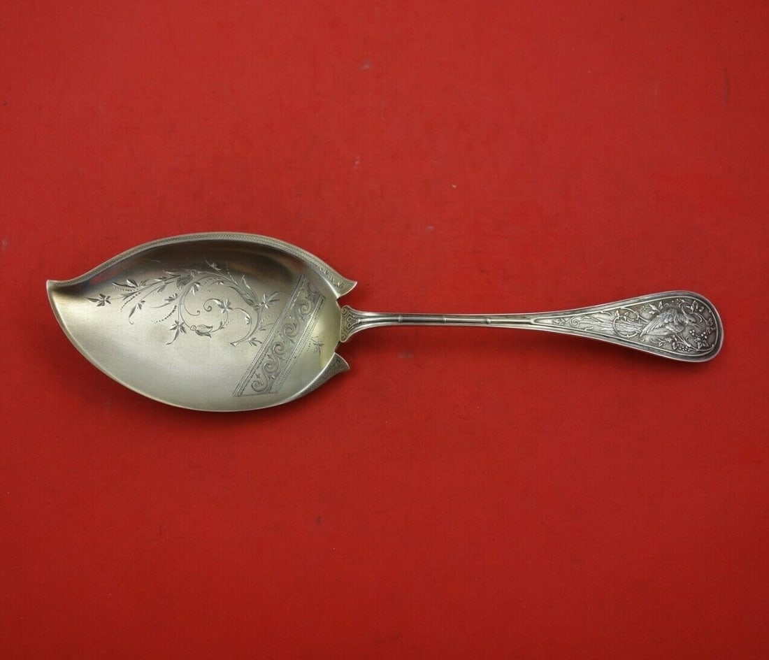 Wendt Bird Pattern Sterling Silver Ice Cream Server 9 3/4 Inch Bright-Cut: Wendt Bird Pattern Sterling Silver Ice Cream Server 9 3/4 Inch Bright-Cut This exquisite ice cream server from Wendt features a stunning Bright-Cut design with a light gold wash, showcasing the elegan