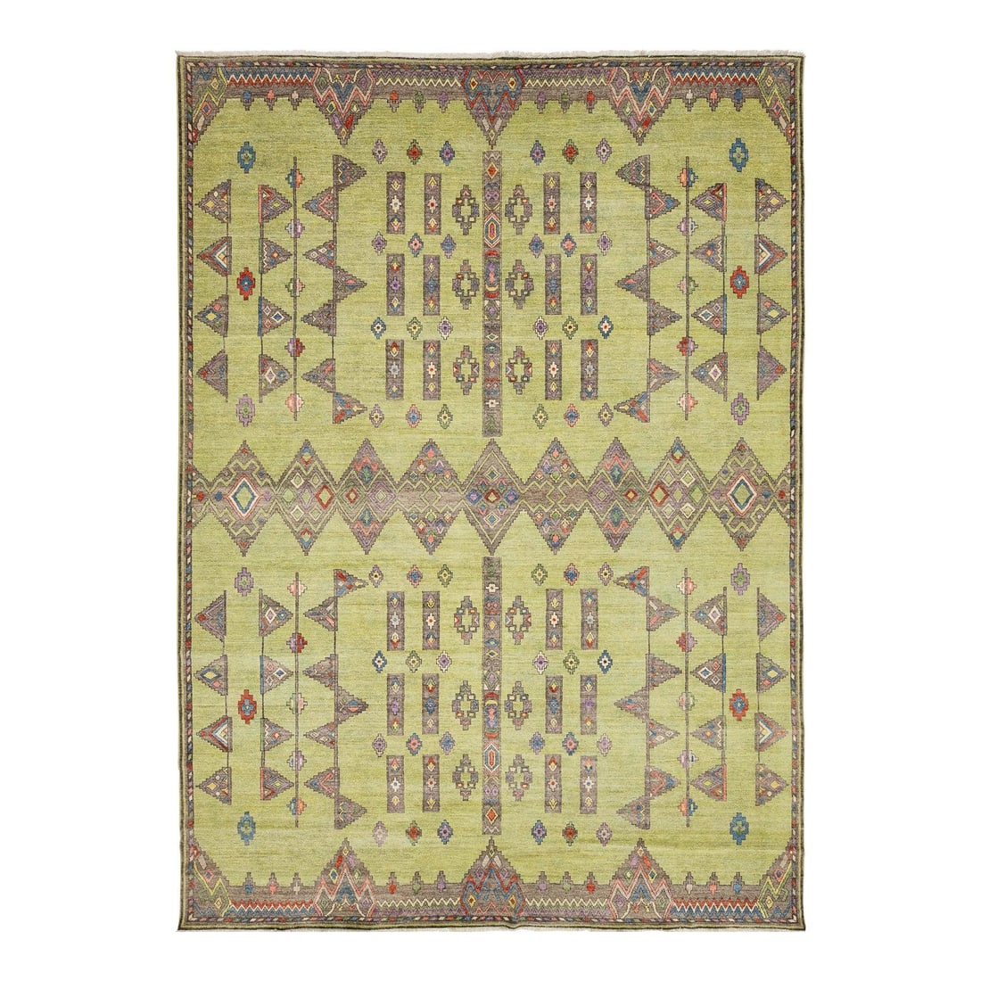 Hand-Knotted Wool Rug in Green with Geometric Khotan-Inspired Motifs 9'11 x 13'10: Hand-Knotted Wool Rug in Green with Geometric Khotan-Inspired Motifs 9'11 x 13'10 This modern Khotan style rug is hand-knotted from high-quality wool and features a vibrant chartreuse green field with